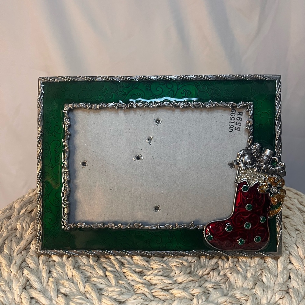 Whimsical Christmas Frame Green Enamel Silver Stocking Jeweled Festive Photo 4X6